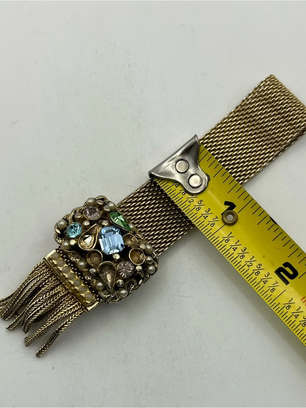 Victorian Revival gold tone mesh tassel slider adjustable rhinestone bracelet